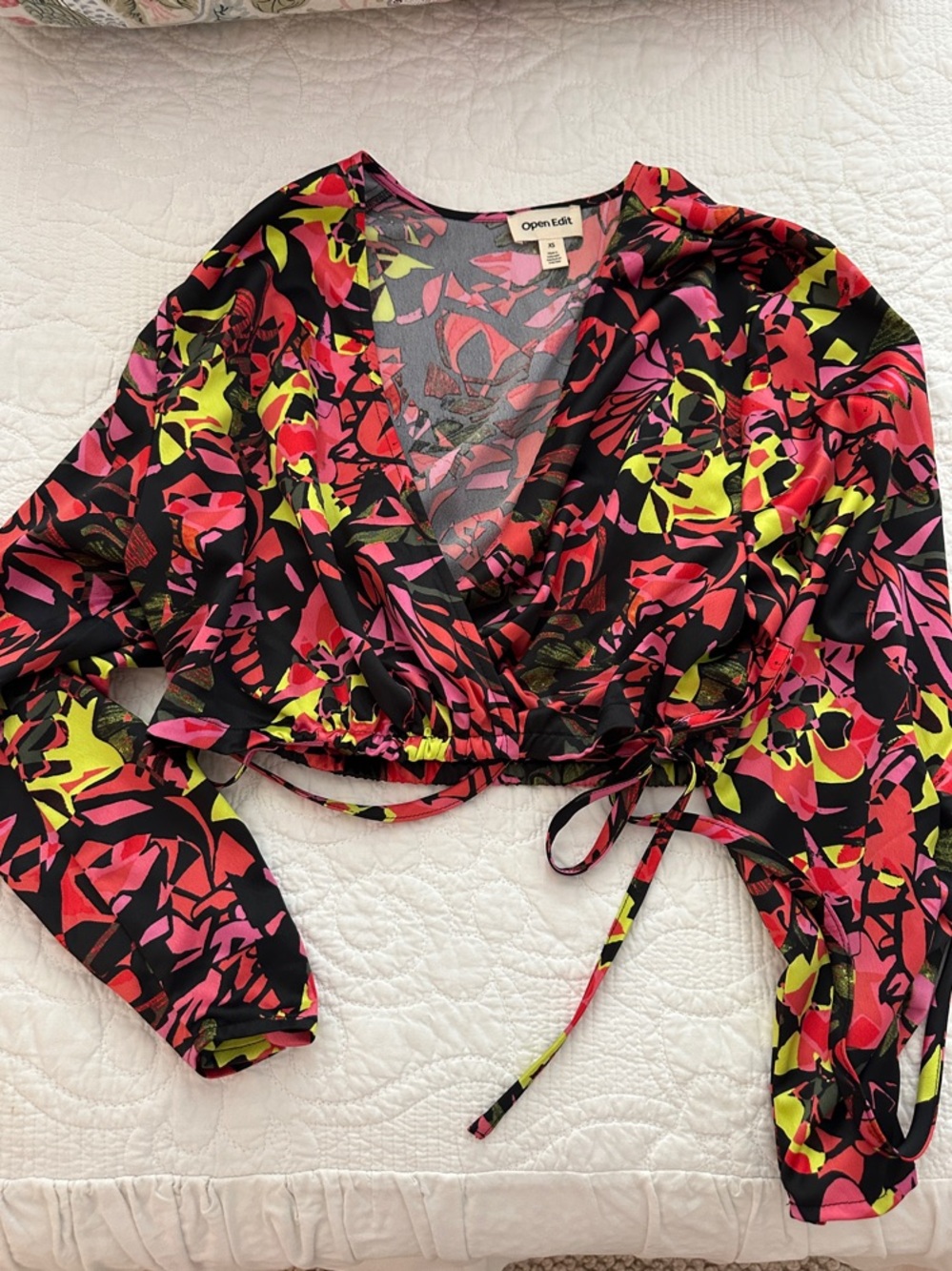 Open Edit Black Floral Wrap Crop Top with Neon Pink & Yellow Accents